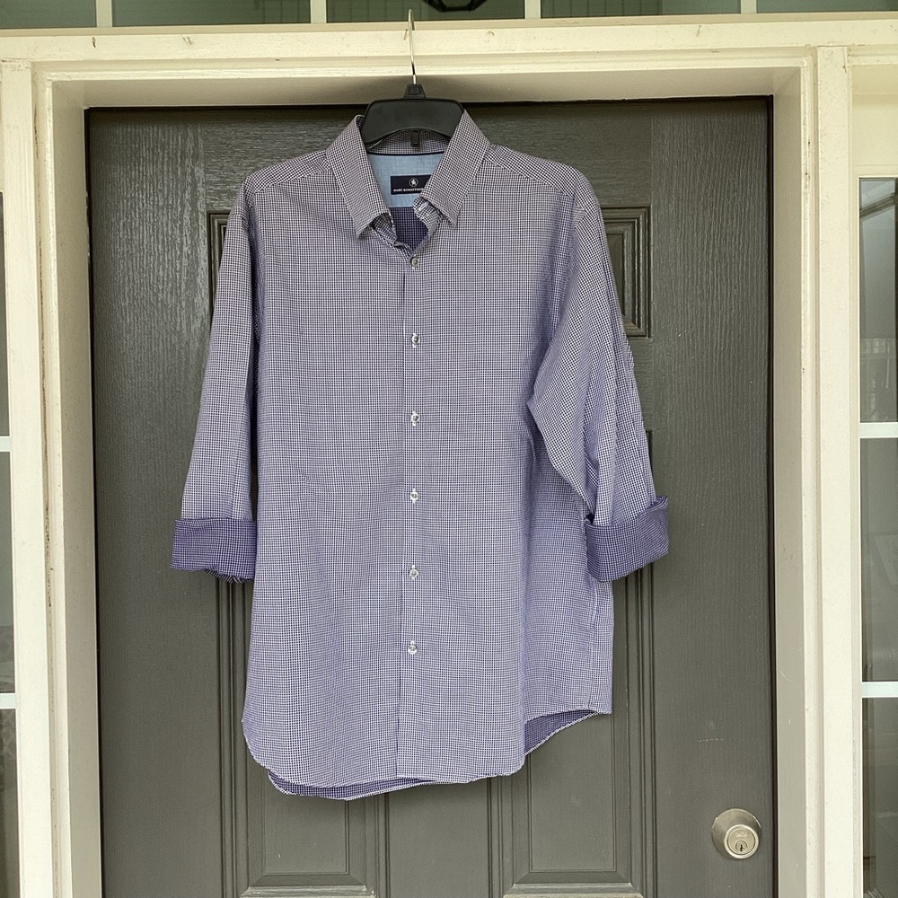Hart Schaffer Max Mini Checked Dress Shirt. Navy Blue / White with accent cuffs